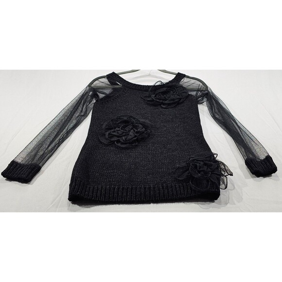 Vtg Ebene Womens Sweater Sheer Mesh 3D Flowers Fairy Goth Patrick Assuline Black - Picture 7 of 13